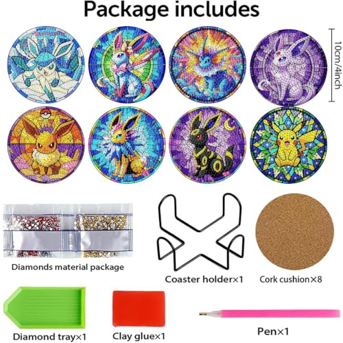 nekpiahu 8Pcs Diamond Painting Coasters with Holder,DIY Cartoon Life Coaster Diamond Art Kits for Adults, Beginners Round Full Drill Diamond Art Craft Supplies - color: Bdwy507