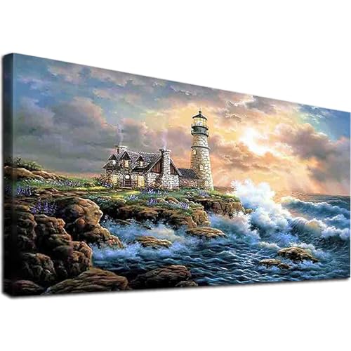 JATOK Large Diamond Painting Kits for Adults (35.5 x 15.7 inch) DIY 5D Lighthouse Full Round Drill Crystal Rhinestone Embroidery Pictures Arts Paint by Diamond Art Kits for Home Wall Decor Relax - color: Red