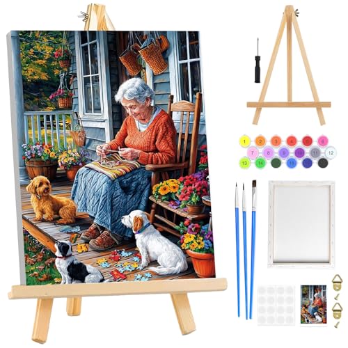 RICUVED Paint by Numbers Kit for Adults Beginners Framed with Wooden Easel, Grandmother and Dogs Adults' Paint-by-Number Kits on Canvas, DIY Easy Acrylic Oil Painting by Numbers for Home Decor, 8x12in - color: OMS057
