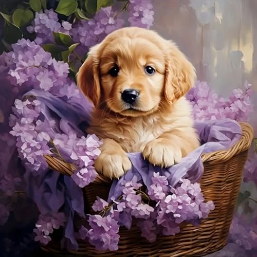 5DDIYART Dog Flowers Paint by Numbers for Adults Beginner, Paint by Number Kits on Canvas, Easy Acrylic Painting Home Wall Decor 15.7x15.7 inch - color: PB246-1