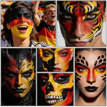 Black Red Yellow Germany Flag Face Body Paint Set, World Cup German Flag Face Painting Kit with Painting Brushes for Halloween, Water Based Face Paints for Fire Demon Avatar Tribe SFX Cosplay Make-Up - color: Black+Red+Yellow+3Pcs Brushes