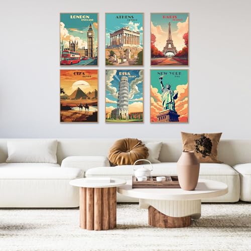 6 Pack Paint by Numbers Kit for Adults, Travel Number Painting, 10x14 Inch | DIY Adult Paint by Number Kits on Canvas for Beginners, without Frame, Vintage Travel Wall Decor, Stress Relief Craft Gift - color: TRTDOP6P103