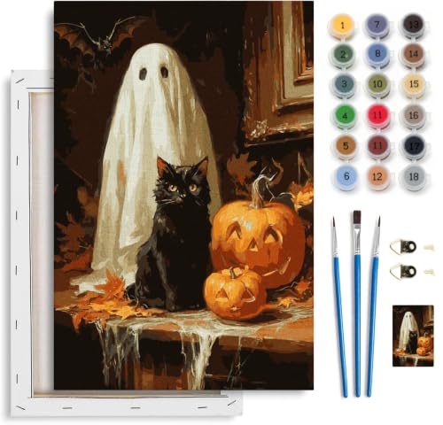 Spandrel Halloween Ghost Framed Paint by Numbers Kit for Adult, Black Cat Paint by Number Kits on Canvas, DIY Acrylic Oil Pumpkin Painting by Numbers for Home Wall Decor, 8x12in - color: H-02