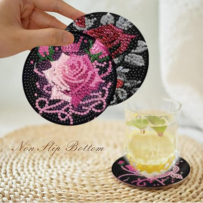 Mrnsiet 8PCS Diamond Art Coasters with Holder, DIY Flowers Diamond Painting Coasters Kits for Adults, Non Slip Rose Florwers Mosaic Dot Painting Coaster Gift Set for Beginners 4x4 Inch - color: BDWY310-US