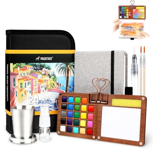 Pagather Travel Watercolor Travel Set, 24 Colors Mini Portable Paint Kit | Includes Water Brush and Compact Design, Perfect for Beginners, Hobbyists and Artists to Create Beautiful Paintings Anywhere