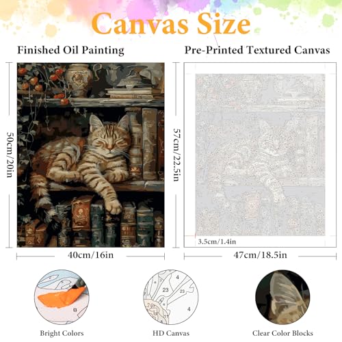 Paint by Numbers Kit for Adults, Sleeping Cat & Bookshelf, 16x20 Inch | DIY Acrylic Painting Kit on Canvas for Beginners, Relaxing Arts & Crafts for Stress Relief, Home Wall Decor & Gift - color: HMOP25309