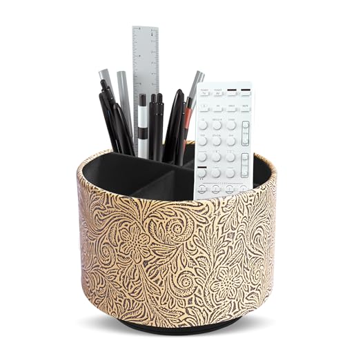 Round Leather Art Supply Organizer,Remote Control Holder,360 Degree Spinning,Multi-Functional Pencil Holder,4 Compartments Desktop Stationary Organizer(1-Yellow Black) - color: 1-Yellow Black