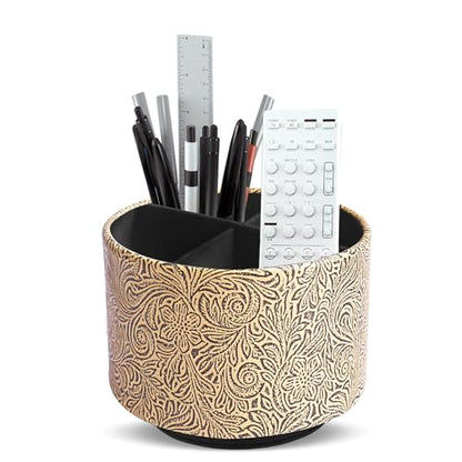 Round Leather Art Supply Organizer,Remote Control Holder,360 Degree Spinning,Multi-Functional Pencil Holder,4 Compartments Desktop Stationary Organizer(1-Yellow Black) - color: 1-Yellow Black
