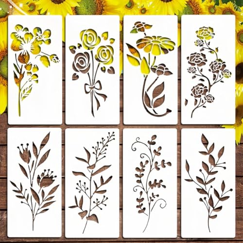 8 Pcs Large Flower Stencils for Painting, 2.9 X 5.9 Inch Flower Stencils for Crafts Reusable, Wood and Wall Stencils for Painting Large Pattern, DIY Templates Holiday Wall Paper (G) - style: G