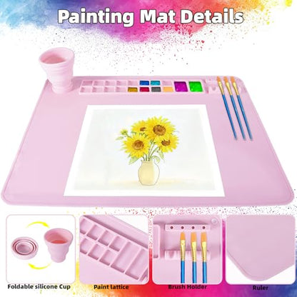 Silicone Painting Mat, 20"X16" Craft Mat,Large Art Mat Clay Mats | Paintbrush Holder, Nonslip Color Dividers Silicone Mats with Built in Cup for Painting, Table, Resin and DIY Pink - color: Pink