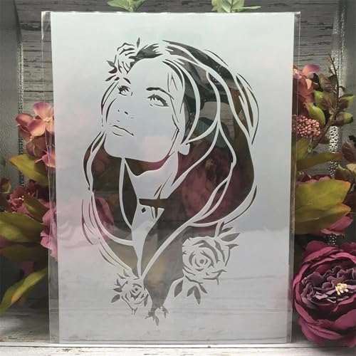 TIAMECH A4 Reusable Woman Long Flowing Hair Stencil for Painting | Rose Foliage Layering Template, DIY Wall Art, Wood Furniture, Scrapbook & Crafts (8.3x11.7inch) - style: Woman Long Flowing Hair
