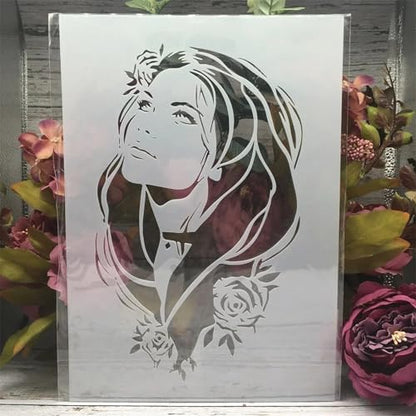 TIAMECH A4 Reusable Woman Long Flowing Hair Stencil for Painting | Rose Foliage Layering Template, DIY Wall Art, Wood Furniture, Scrapbook & Crafts (8.3x11.7inch) - style: Woman Long Flowing Hair