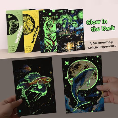Glow in The Dark Scratch Art Kit - 8 Sheet Rainbow Scratchboards(A5) | Creative Engraving Craft Supplies for Teens & Adults | DIY Projects & Sketching Activity | ASMR Stress-Relieving Gift (Animals) - color: Animal