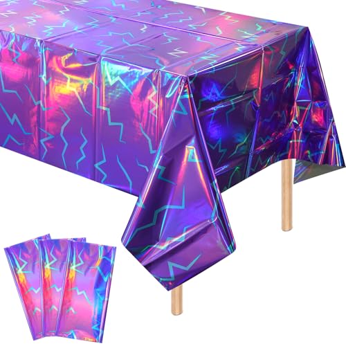 3 Pack Iridescent Purple and Blue Kpop Plastic Tablecloth 54x108 Inch, Holographic Laser Disposable Table Cover, Rectangle Purple and Blue Table Cloth for Kpop Halloween Birthday Party Decorations - color: Kpop Purple