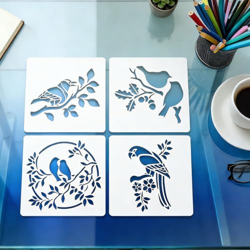 16 Pcs Birds Stencils for Painting Reusable Plastic 6×6 Inch Birds with Branch Stencils Drawing Templates for Crafts DIY Wall Canvas Notebook Knit Card Wood