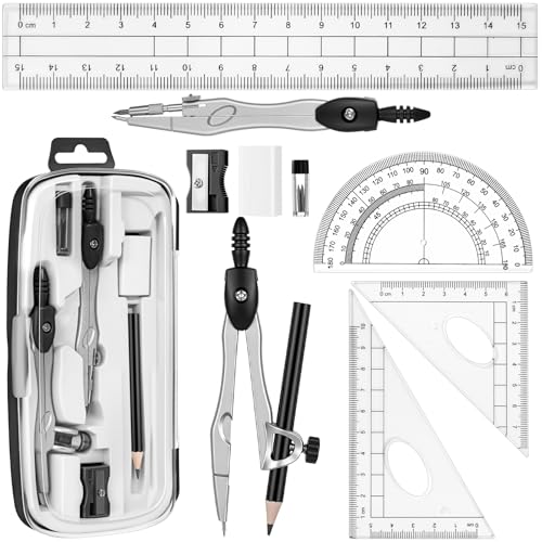 Zonon Math Geometry Set for Students 10 Pcs Compass Geometry Tools Kit Includes Protractor Compass Lead Refills Rulers Pencil Sharpener Eraser Pencil Storage Box for Drafting and Drawings(Black) - color: Black