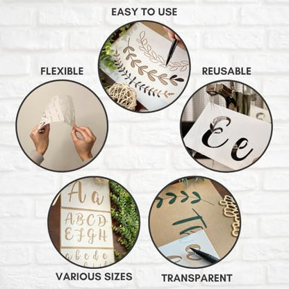 Boutique Calligraphy Stencil Template Kit | 45 Reusable Pieces | Lettering Upper, Lowercase, Large & Small | Numbers, Punctuation, Laurels and Flowers - for Arts Crafts Painting Wood (Signature Kit) - style: Signature Stencils