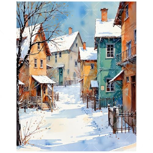 Winter Village Paint by Numbers Kit for Adults - DIY Snowy Houses and Street Scene Painting on Canvas 16x20 Inch, Acrylic Paint Set, Suitable for Beginners, Art for Home Decoration or Gifts - color: HSX01412, size: 16X20IN Folded