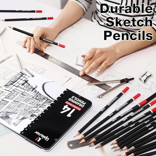 Professional Sketch Pencil Set, 14 Piece Drawing Pencils (12B-6H), Graphite Charcoal Art Pencils with Eraser and Sharpener in Metal Tin Case