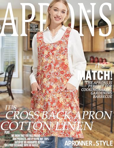 Cozy Adjustable Cross Back Aprons for Women with Pockets Cotton Linen Cooking Kitchen Baking - color: Red Floral