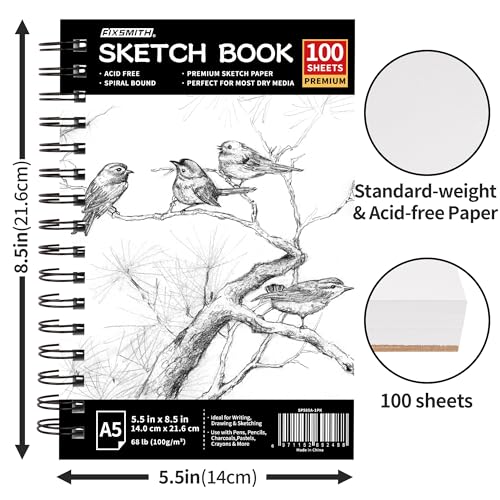 FIXSMITH 5.5"X8.5" Sketch Book,100 Sheets (68 lb/100gsm) Sketchbook | Acid Free Drawing Paper | Spiral Bound Artist Sketch Pad | for Kids, Beginners, Artists & Professionals | Bright White - color: Black, size: 5.5"x8.5"-1 Pack