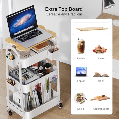 3 Tier Rolling Cart Metal with Wheels and Bamboo Table Top, Art Cart Organizer on Wheels, White Three Tiered Storage Utility Carts for Craft, Baby, Diaper Caddy,Coffee,Kitchen,Cleaning,Office Supplies - color: White