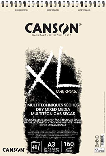 CANSON XL Sand Grain Dry Mixed Media 160gsm A3 Paper, Sand Finish, Spiral Pad Short Side, 40 Natural Sheets, Ideal for Professional Artists & Illustrators - size: SPIRAL NAT 40S A3
