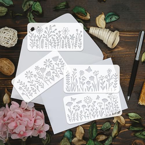 INFUNLY 15Pcs Wildflowers Wall Stencil for Painting 3.9×7.87" Reusable Floral Wall Stencils Butterfly Painting Stencil Small Flower Walls Template for Card Making Cement Wood Furniture Nursery Bedroom - style: 15PCS Wildflowers