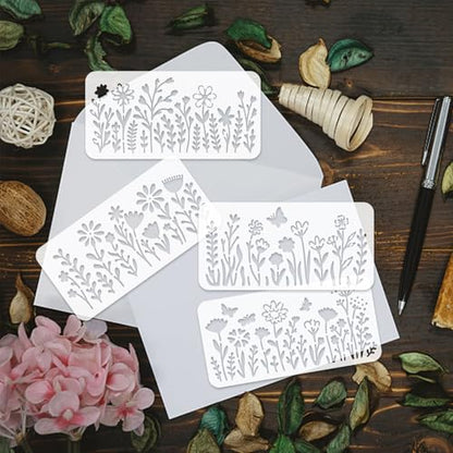 INFUNLY 15Pcs Wildflowers Wall Stencil for Painting 3.9×7.87" Reusable Floral Wall Stencils Butterfly Painting Stencil Small Flower Walls Template for Card Making Cement Wood Furniture Nursery Bedroom - style: 15PCS Wildflowers
