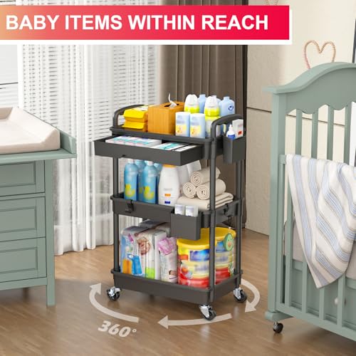 Goovilla 3 Tier Rolling Utility Cart Organizer with Removable Drawer, Black | Stable and Sturdy Rolling Storage Carts with 2 Lockable Wheels for Bathroom, Kitchen, Snack, Craft, Makeup, Baby Essentials - size: 3 Tier, style: Black