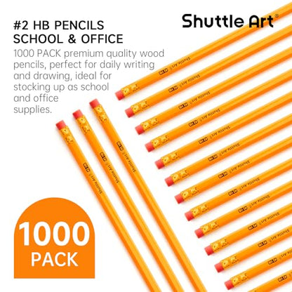 Shuttle Art Wood-Cased #2 HB Pencils, 1000 Pack Sharpened Yellow Pencils with Erasers, Bulk Pack Graphite Pencils for School and Teacher Supplies, Writing, Drawing and Sketching