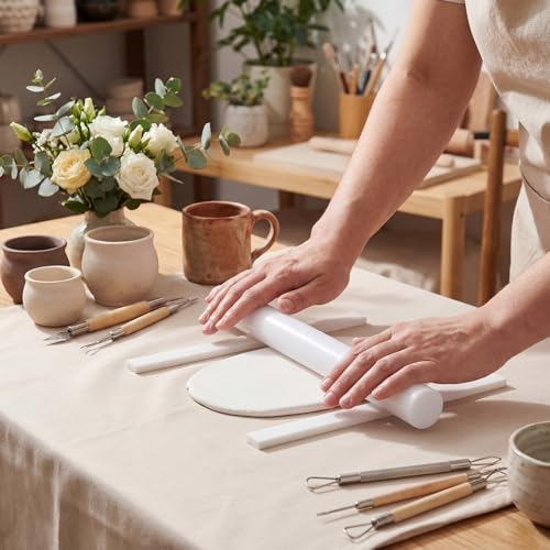 Fiwochic 12 Pcs Acrylic Pottery Tools Set Includes 1 Acrylic Clay Rolling Pin Sculpting Polymer Clay Tools 1 Stain Resistant Tablecloth and 10 Pcs 5 Size Teaching Rolling Mud Stick Guide(White) - color: White