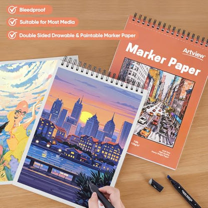 Artview 9" x 12" Marker Paper Pad, 100 Sheets, 73 lb/120 GSM Heavyweight Spiral Marker Paper, Bleed-Resistant for Alcohol Markers, Dual-Sided Drawing & Painting for Adults and Kids