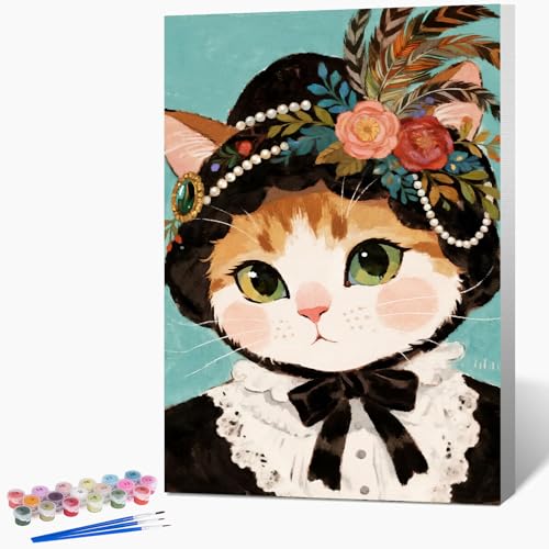 Framed Paint by Numbers Kit for Adults Beginner & Kids Ages 8-12, Funny Cat Adult Paint by Number Kits on Canvas with Frame, DIY Acrylic Number Painting for Adults for Home Decor Gift 8 x 12 Inch - color: DG-OP-F-MakeupCat-2030