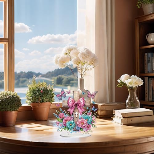 DIY Tabletop Diamond Art Kit for Adult – Gem Painting Art Desktop Ornament with Special Shaped Rhinestones, Acrylic Stand-Up Gem Craft for Home Décor & Gift Idea (Cross) - color: Cross