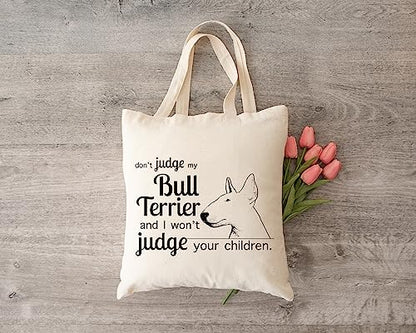 Pet Studio Art Don't Judge My Dog Tote Bag - color: Bull Terrier