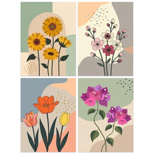 Lanzeyo Diamond Art Kits for Adults - 4 Pack Boho Flower Market Diamond Painting Kits, Modern Minimalist Gem Art Crafts, Beginner Friendly 5D DIY Full Drill Canvas for Home Wall Decor 12"x16" - color: 03 Morandi Flowers