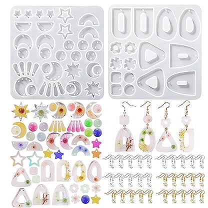 Attuslla Star & Moon Shape Resin Earring Molds - Silicone, Jewelry, DIY Pendant Molds with Ear Hooks & Jump Ring - color: Style 6