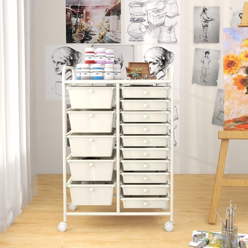 DREAMADE Rolling Cart with 15 Drawers, Rolling Drawer Organizer Cart w/Lockable Wheels, Removable & 2-Sized Storage Drawers, Art Cart for School Home Art Supplies Crafts File Scrapbook - color: White, size: 25"L x 14.5"W x 34.5"H