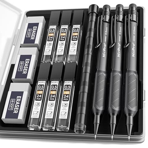 Nicpro 0.5 mm Mechanical Pencil Set with Case, 3PCS Mechanical Pencils 0.5 - style: 0.5mm(3 Pcs)