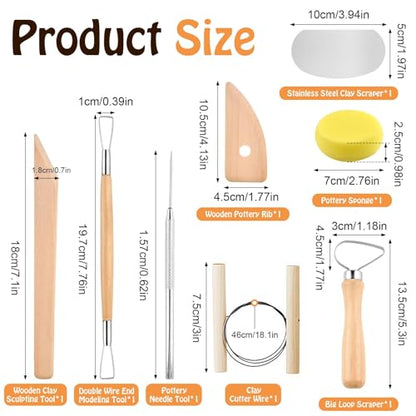 Akamino 20 Pcs Pottery Tools Include 1 Wood Rolling Pin,1 Portable Pottery Linen Tablecloth, 10 Pcs 5 Size Teaching Rolling Mud Stick Guide, 8 Clay Sculpting Tools for Manual Self Ceramic Clay Making