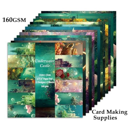 Scrapbook Paper, 24 Sheets 6"×6" 160gsm Single-Sided Patterned Cardstock - color: 24 sheets-underwater castle