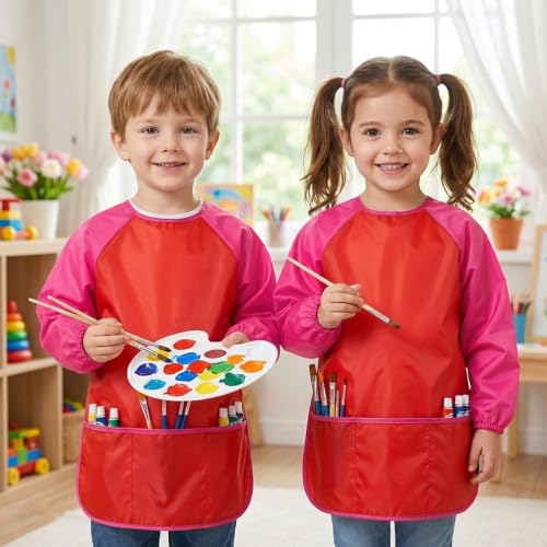 Kids Art Smocks,Colorful Toddler Painting Apron Waterproof Artist Smock with Long Sleeve and 3 Pockets for Kids 3-7 - color: Red