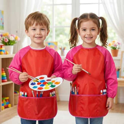 Kids Art Smocks,Colorful Toddler Painting Apron Waterproof Artist Smock with Long Sleeve and 3 Pockets for Kids 3-7 - color: Red
