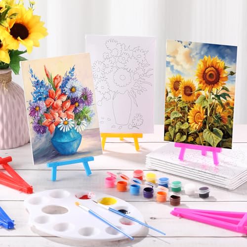 Blosssound 10 Set Pre Printed Canvas Pre Drawn Canvas Painting with Easel Kits 5" x 7" Outline Painting Panels for Beginners, DIY Craft Project, Party Favor, Home Decors(Flower) - style: Flower