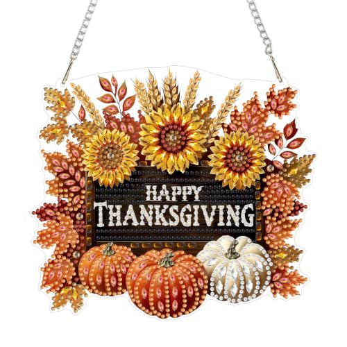 CEOVR Thanksgiving Hanging Diamond Art for Adults, Autumn Pumpkin Sunflower Diamond Painting Pendant, DIY Special Shape Gem Art Window Ornament, Acrylic Home Wall Decor with Chain, Box Kit 7.87×6.98in - color: 31-Thanksgiving