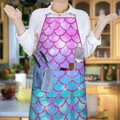 Apron with 2 Pockets,Kitchen Chef Artist Aprons for Cooking Gardening Baking Painting, Waterproof Apron 33" x 27" - color: Mermaid