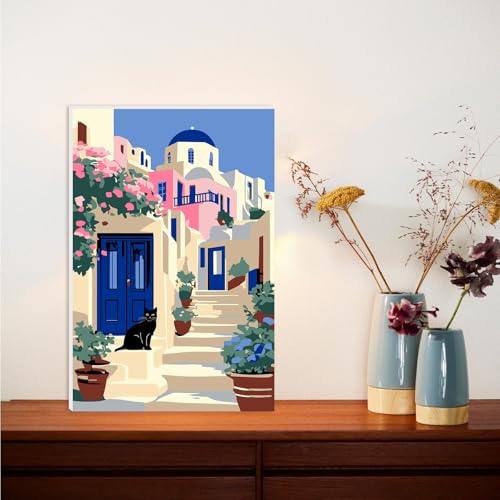 Lxmsja Greek Village Paint by Numbers Kit for Adults, Black Cat Acrylic Paint by Numbers for Adults Beginner, DIY Craft Supplies Oil Painting Kits for Home Wall Decor 8x12 inch (Framed) - color: blue#093