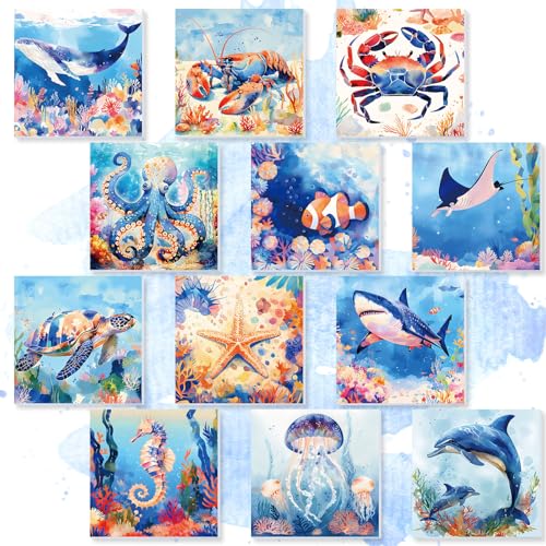 Nezyo 12 Sets Paint by Numbers with Frame, Ocean Animals Canvas 8x8 Inch - style: Sea Creatures