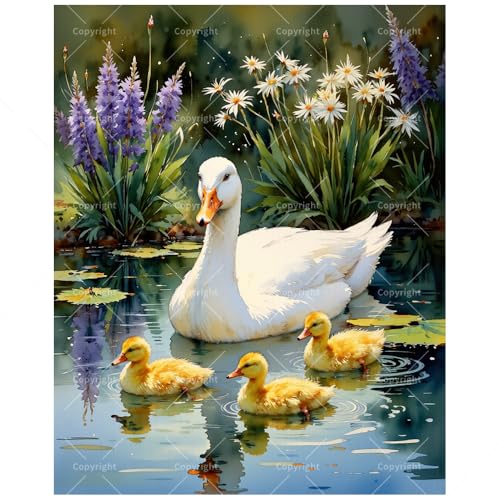 Animals Paint by Numbers Kit for Adults - DIY White Duck and Ducklings with Flowers Painting on Canvas, Acrylic Paint Set, Suitable for Beginners, Art for Home Decoration or Gifts(8X12IN Framed) - color: TCXY08367, size: 8X12IN Framed